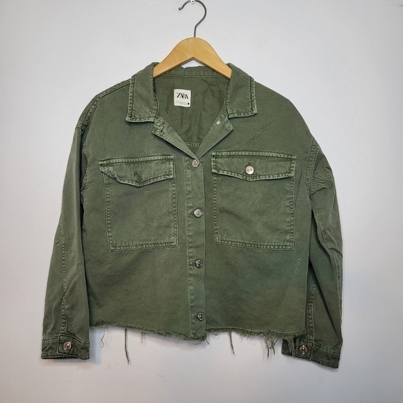 ZARA Army Green Denim Jean Shacket Size XS - Picture 2 of 9